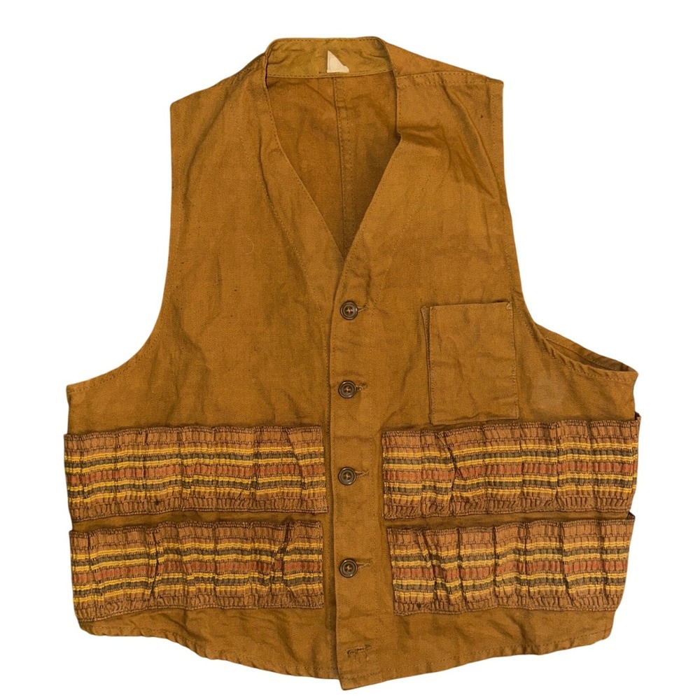 Vintage Canvas Hunting Vest Shell Loops Game Pouch Brown Duck Cloth Workwear